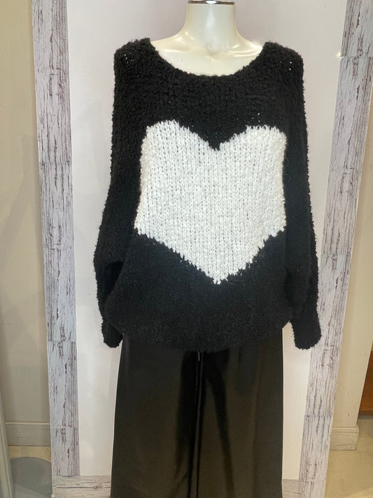 Black Chunky Knit Sweater with Oversized White Heart