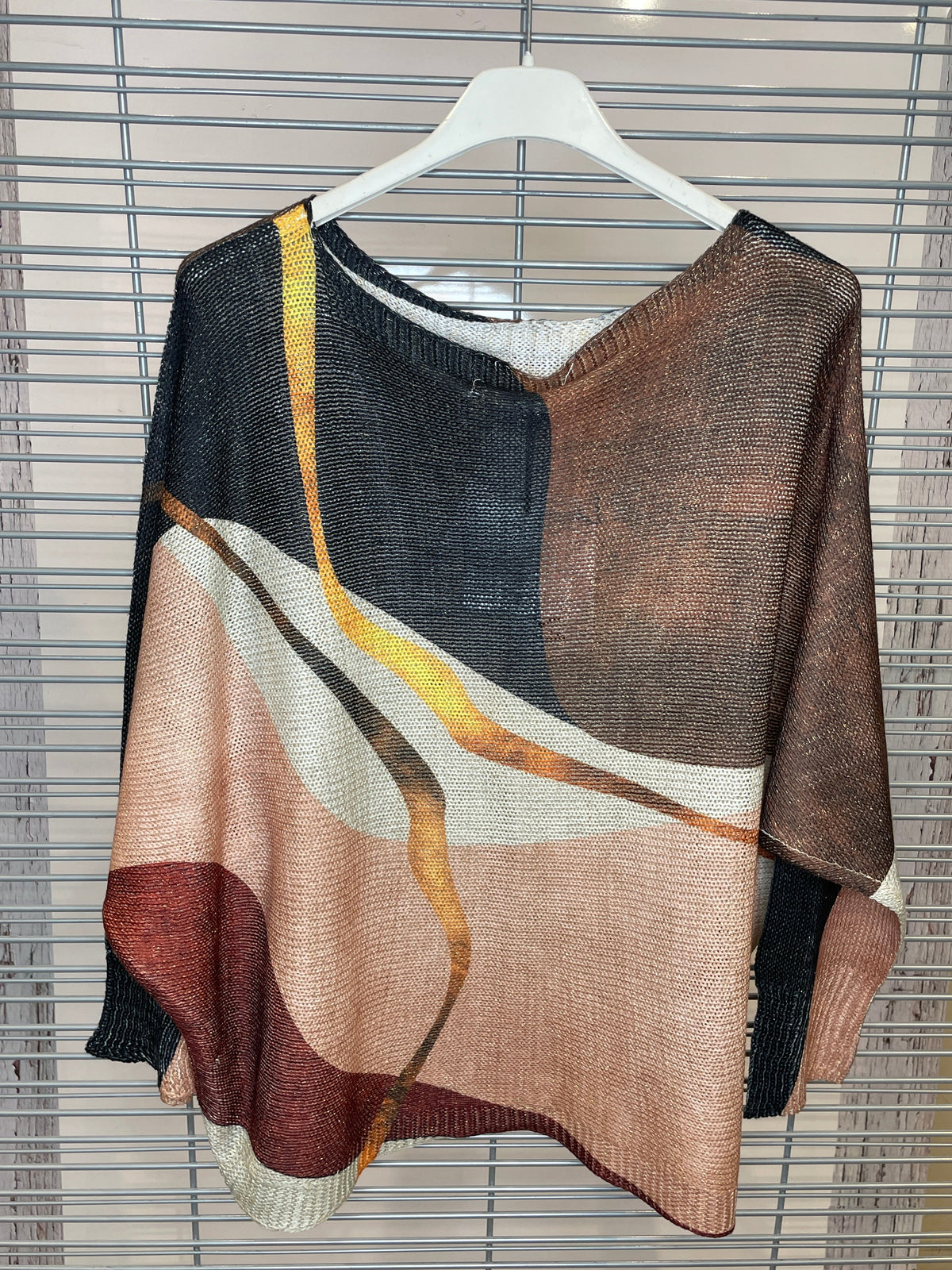 Abstract Print Metallic Knit Top – Brown, Blush & Cream