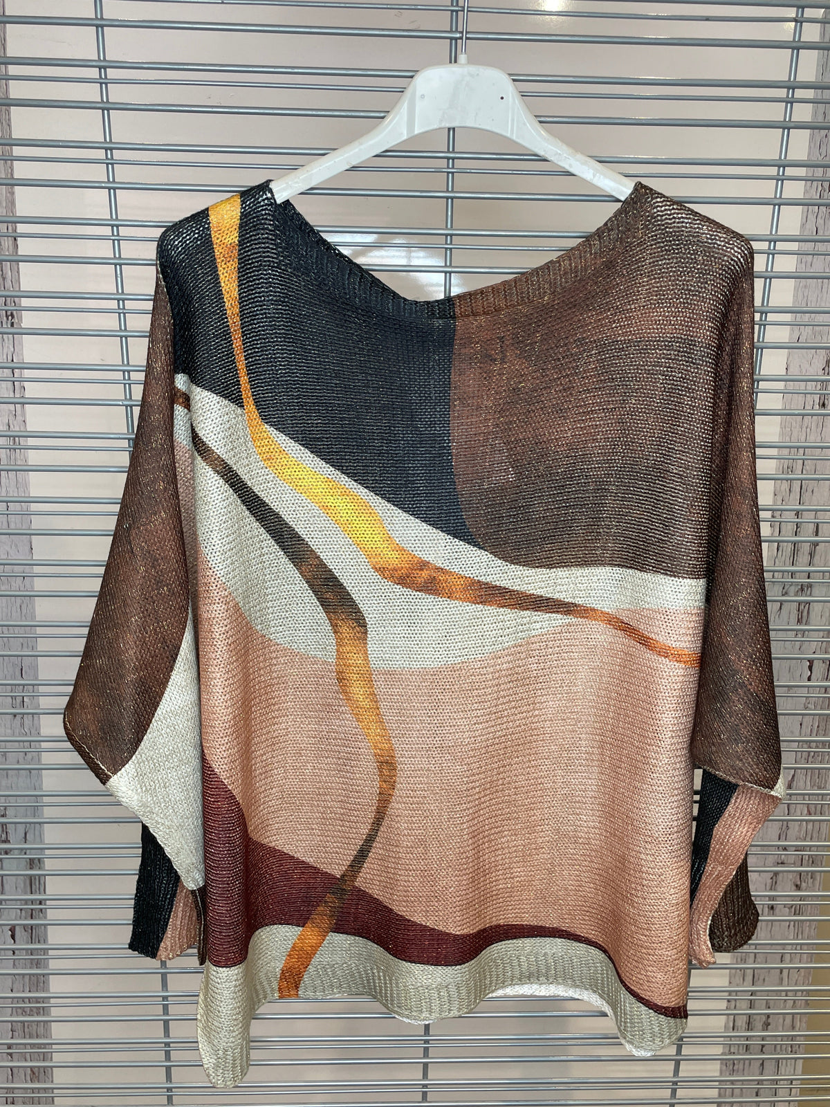 Abstract Print Metallic Knit Top – Brown, Blush & Cream