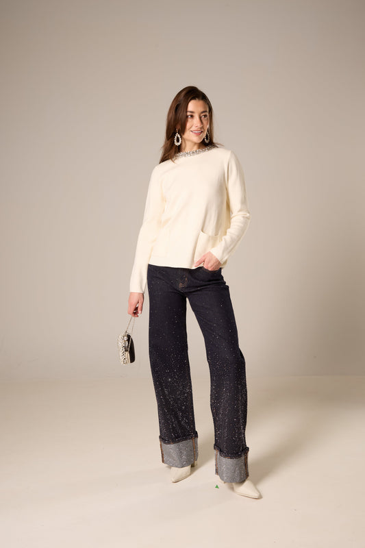 Crystal Embellished Wide-Leg Cuffed Jeans – Dark Indigo