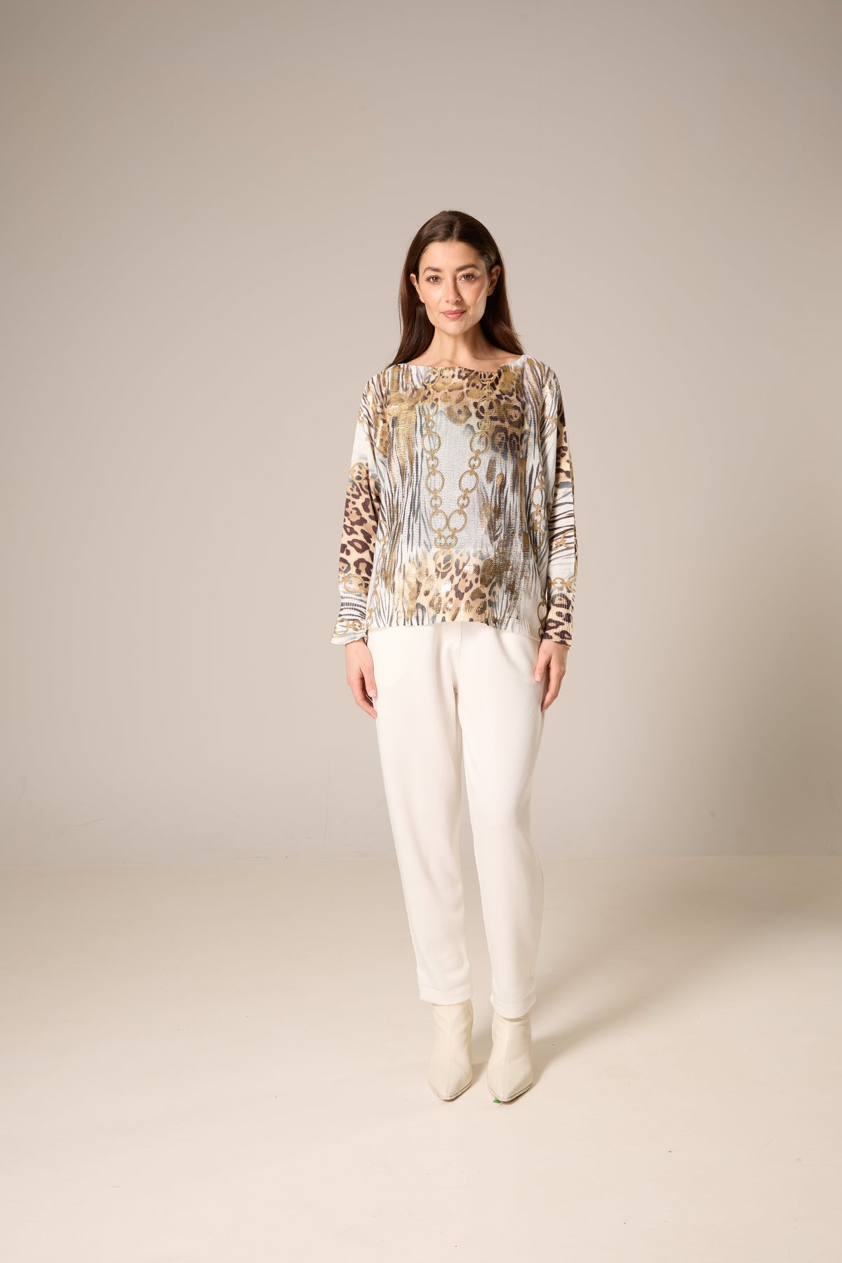 Chain & Leopard Print Metallic Knit Top – Beige & Brown