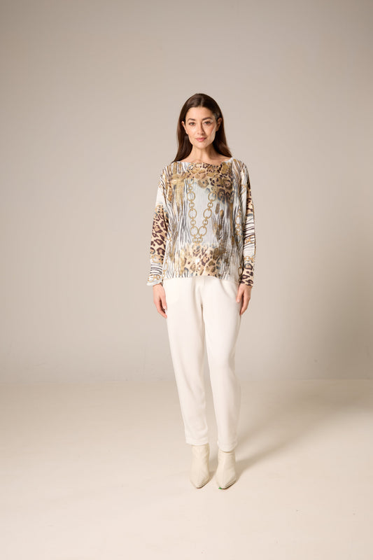 Chain & Leopard Print Metallic Knit Top – Beige & Brown