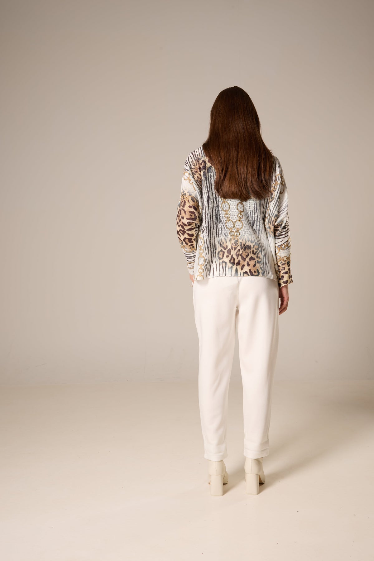 Chain & Leopard Print Metallic Knit Top – Beige & Brown