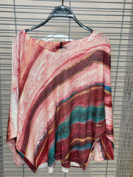 Marble Swirl Print Knit Top – Pink, Burgundy & Teal