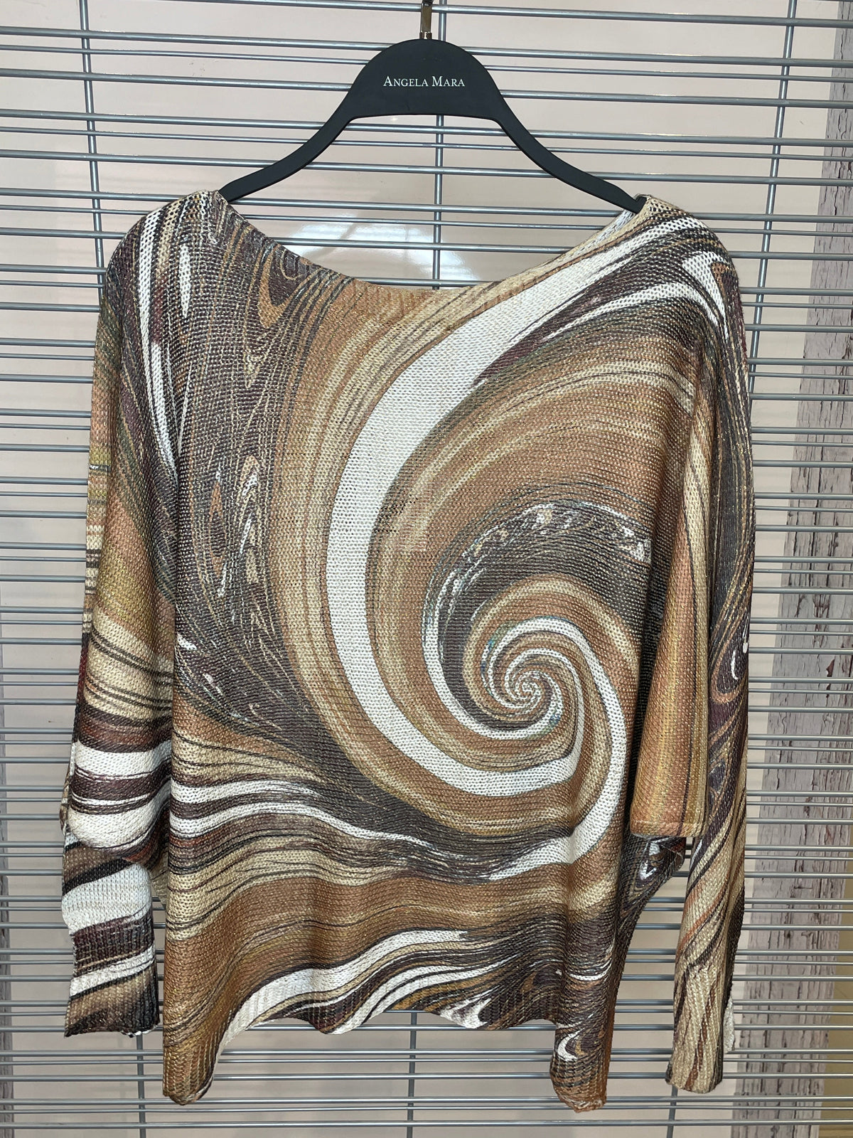 Spiral Swirl Print Knit Top – Brown, Taupe & Cream