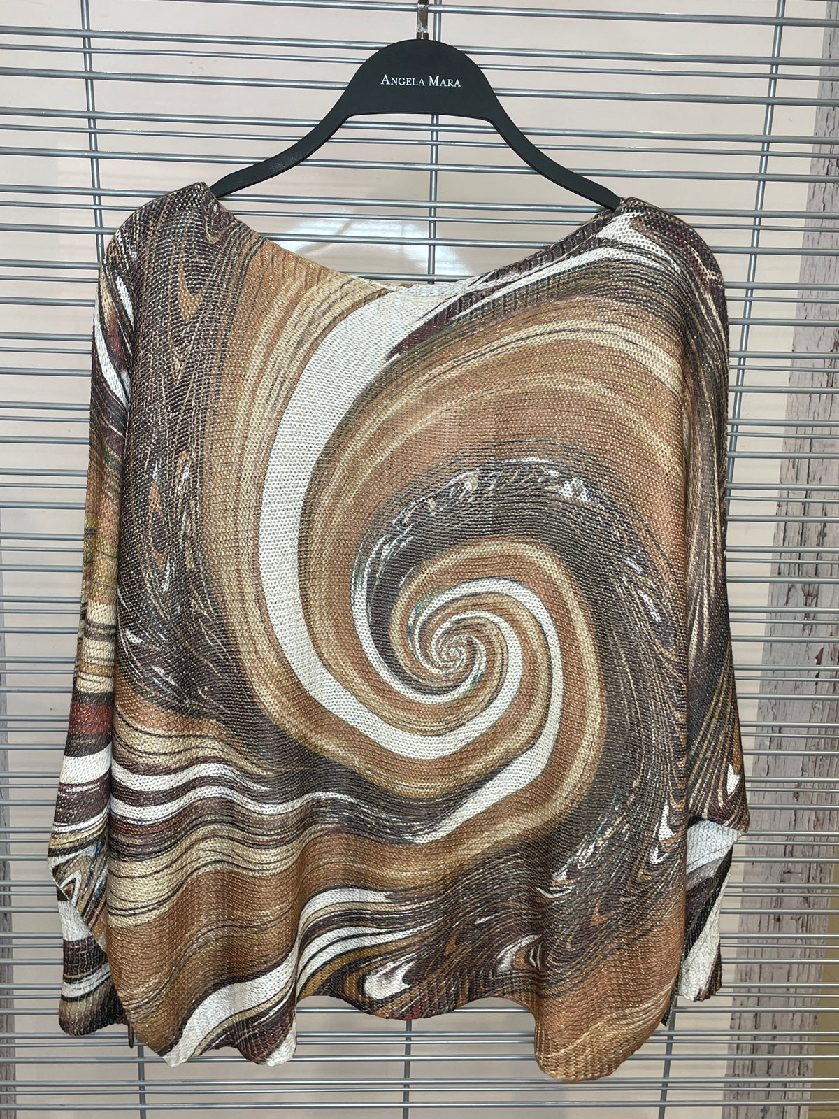 Spiral Swirl Print Knit Top – Brown, Taupe & Cream