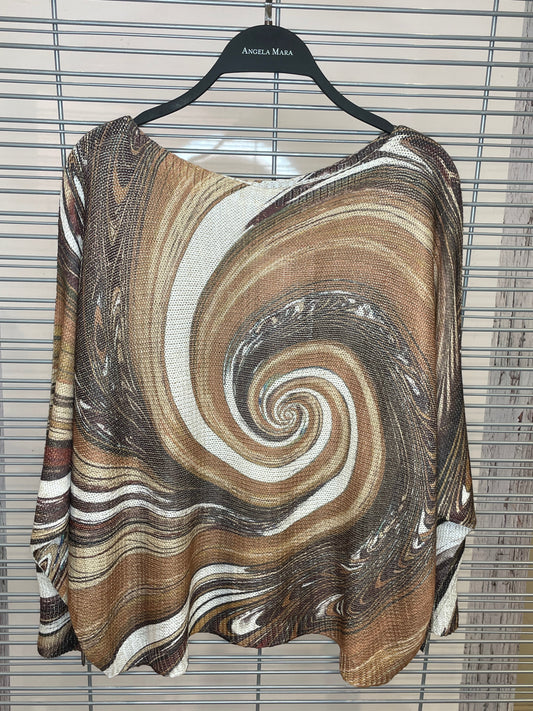 Spiral Swirl Print Knit Top – Brown, Taupe & Cream