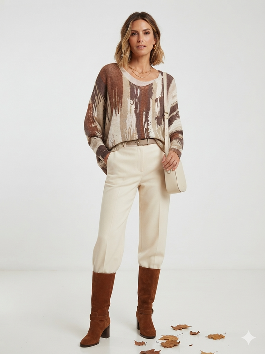 Brushstroke Print Knit Top – Brown, Taupe & Cream