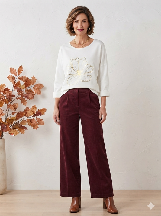 Gold Foil Flower Long Sleeve Top – White