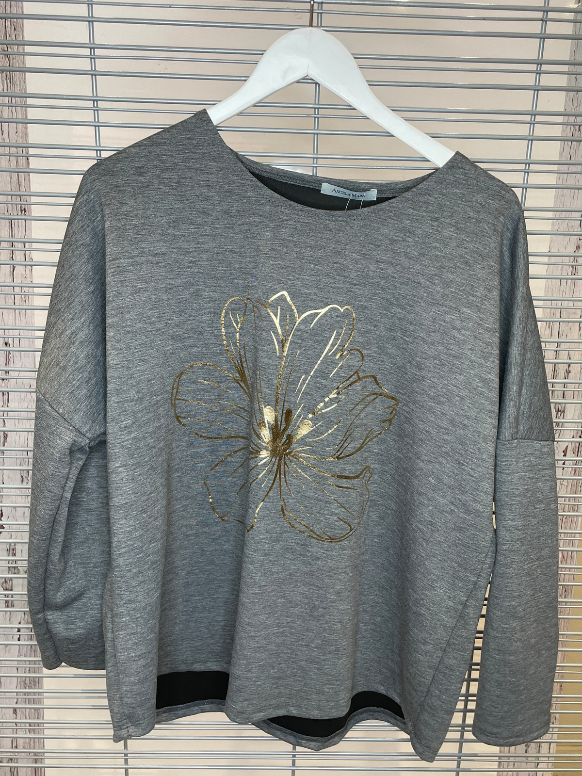 Gold Foil Flower Long Sleeve Top – Heather Grey