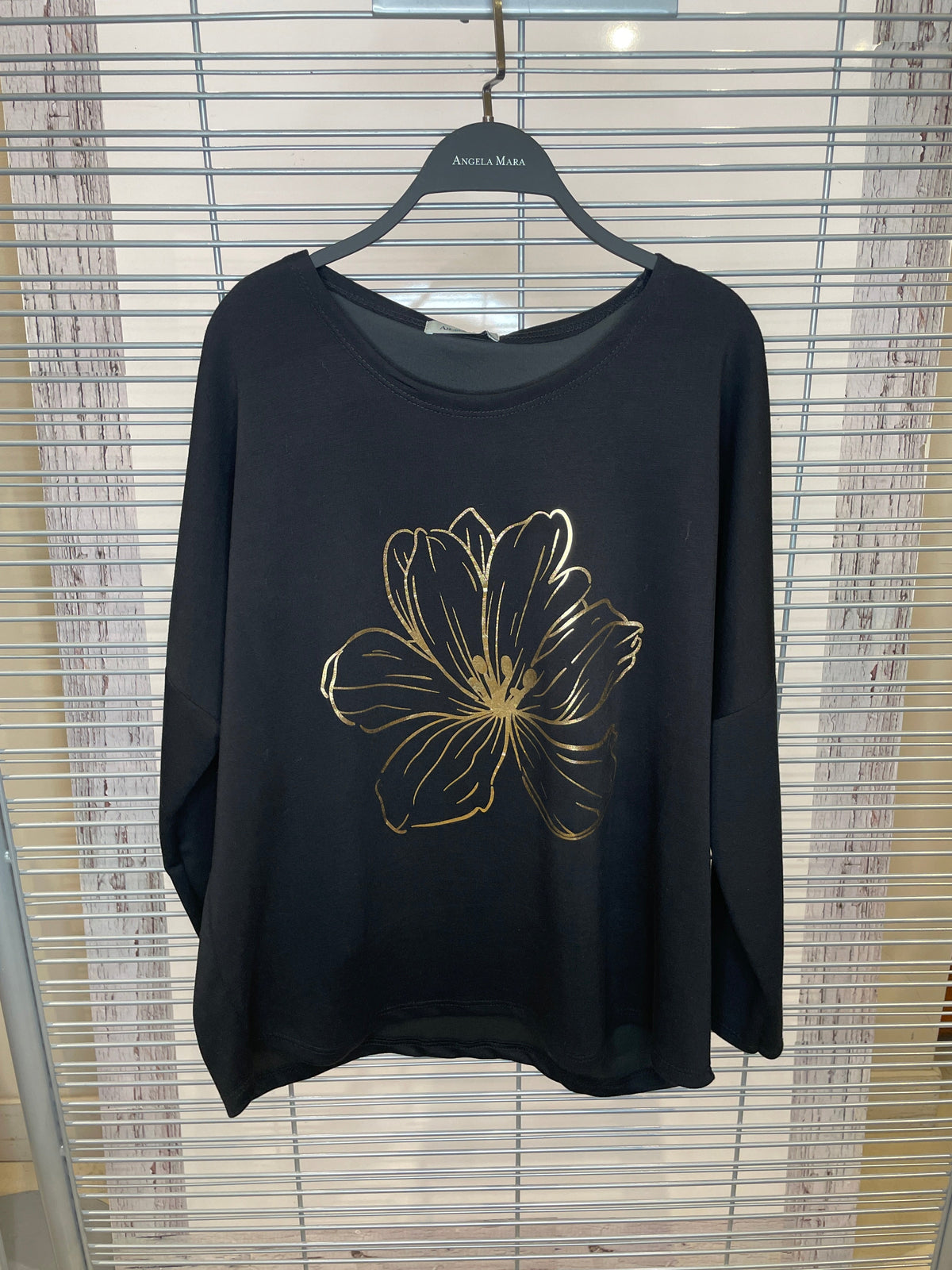 Gold Foil Flower Long Sleeve Top – Black