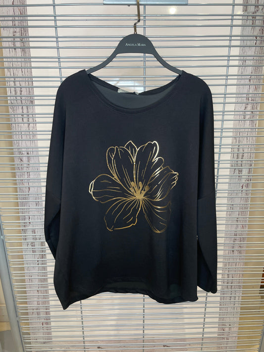 Gold Foil Flower Long Sleeve Top – Black