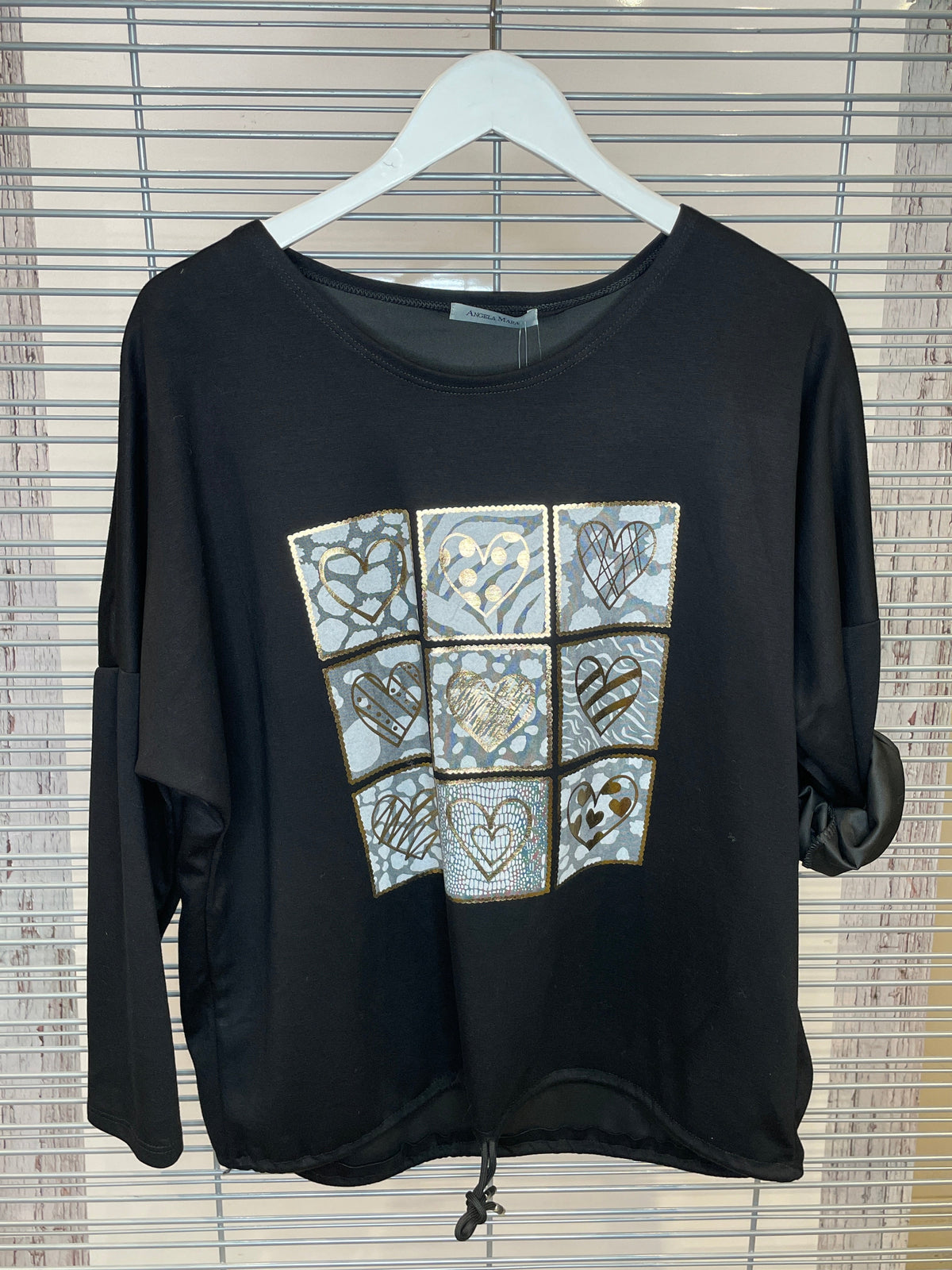 Nine Hearts Gold Foil Top with Drawstring Hem – Black