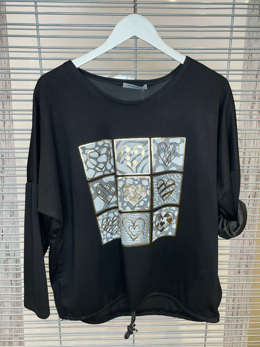 Nine Hearts Gold Foil Top with Drawstring Hem – Black
