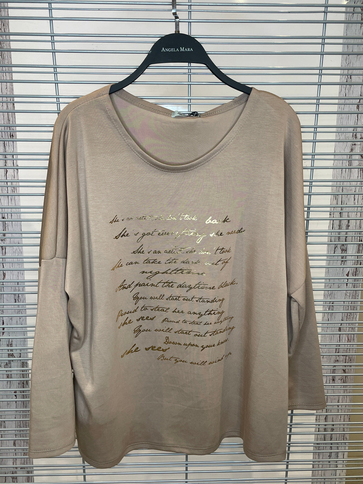 Gold Foil Script Long Sleeve Top – Beige