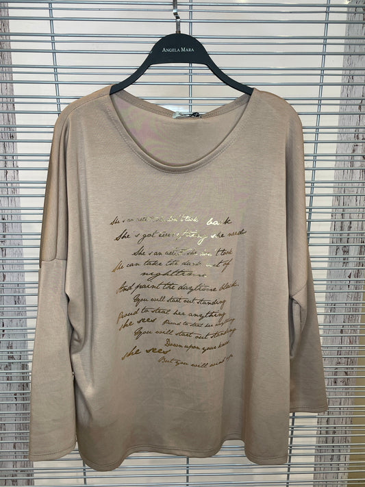 Gold Foil Script Long Sleeve Top – Beige