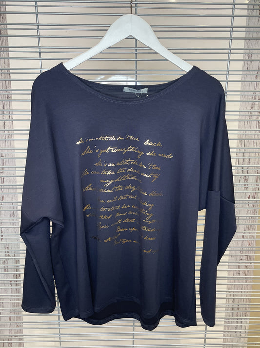 Gold Foil Script Long Sleeve Top – Navy