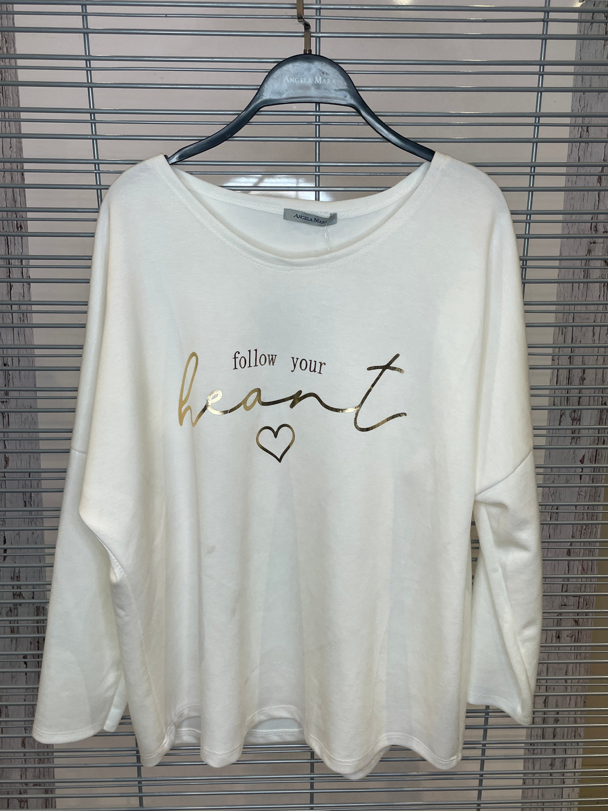 “Follow Your Heart” Gold Foil Long Sleeve Top – White
