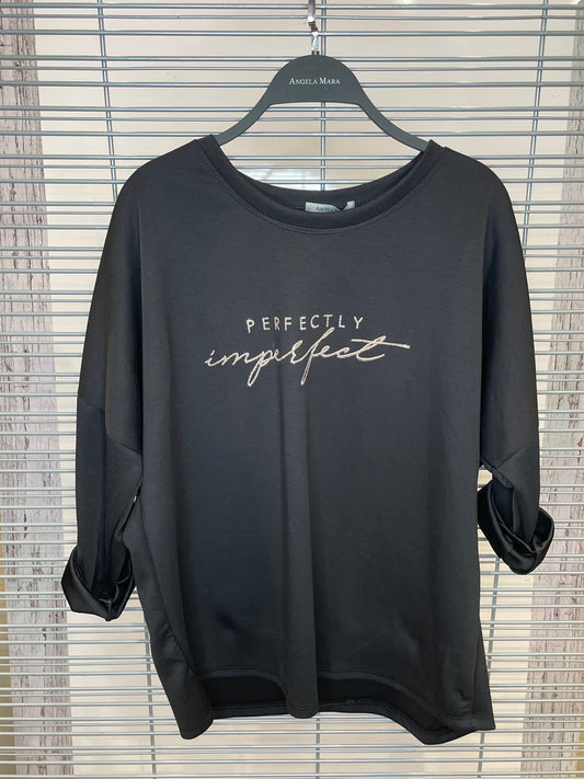 “Perfectly Imperfect” Rhinestone Script Long Sleeve Top – Black