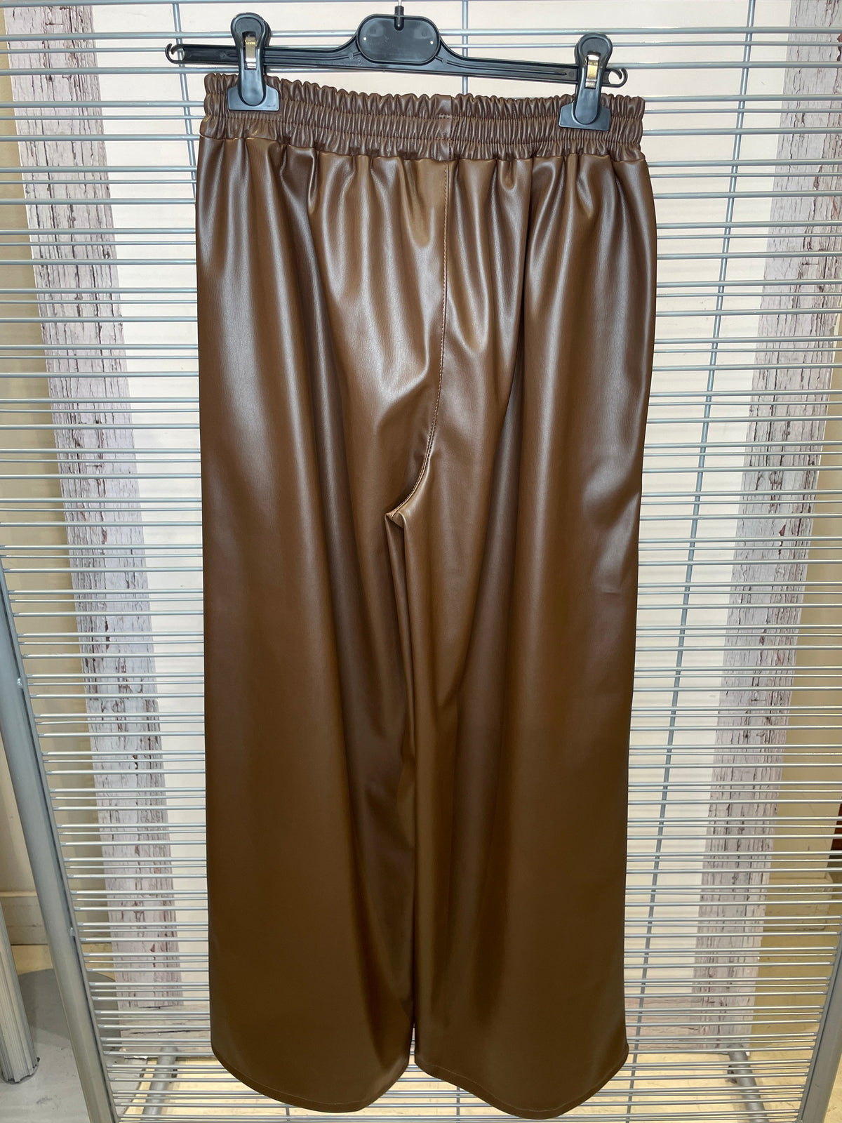 Faux Leather Wide-Leg Pants with Elastic Waist – Chocolate Brown