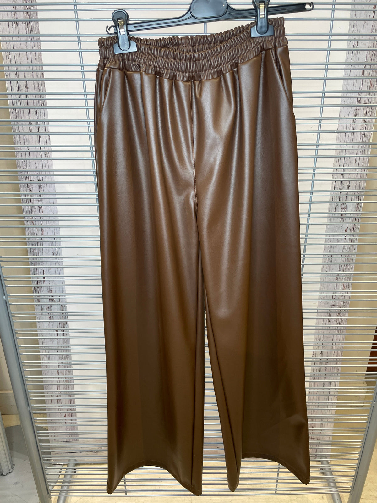 Faux Leather Wide-Leg Pants with Elastic Waist – Chocolate Brown