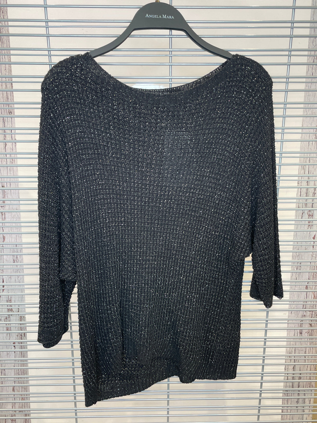 Sparkle Open-Knit Top with 3/4 Sleeves – Black