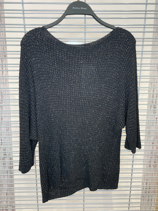 Sparkle Open-Knit Top with 3/4 Sleeves – Black