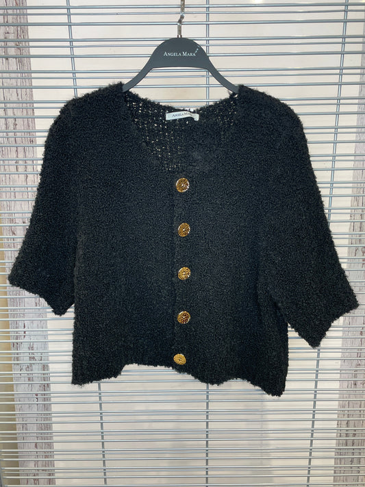 Bouclé Knit Button-Front Cardigan – Black