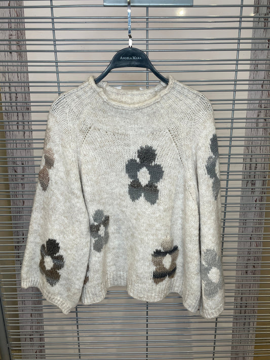 Flower Pattern Chunky Knit Sweater – Cream, Grey & Taupe