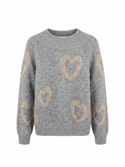 Heart Pattern Chunky Knit Sweater with Sparkle Dots – Grey & Beige