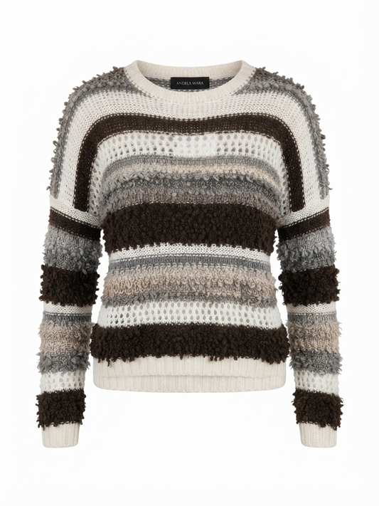 Striped Chunky Knit Sweater – Cream, Brown & Grey