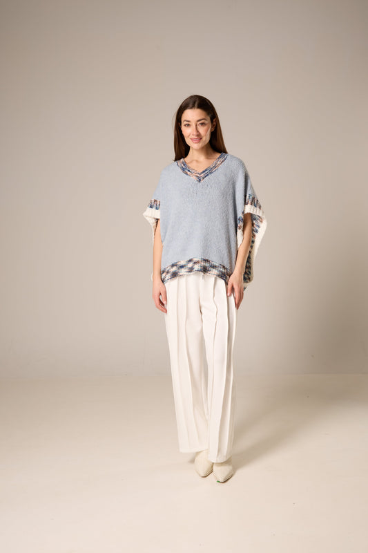 Oversized V-Neck Knit Poncho Top – Blue with Multicolor Trim