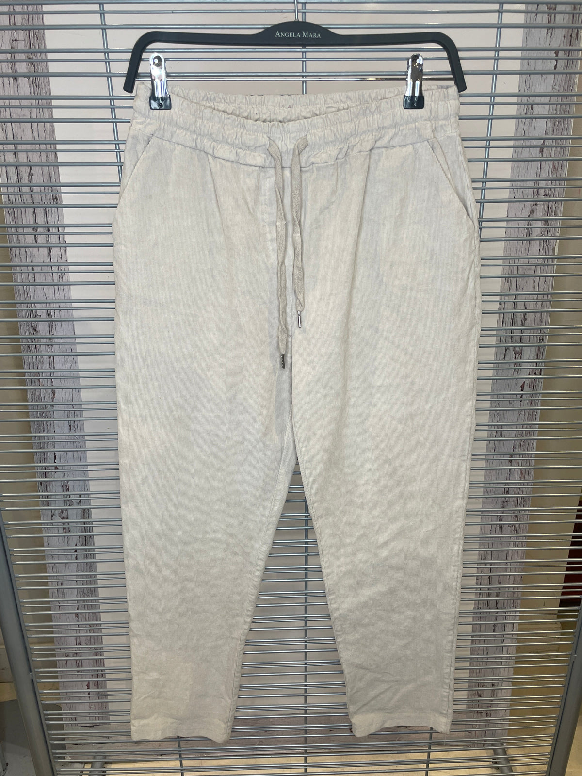 Corduroy Tapered Pants with Drawstring Waist – Beige