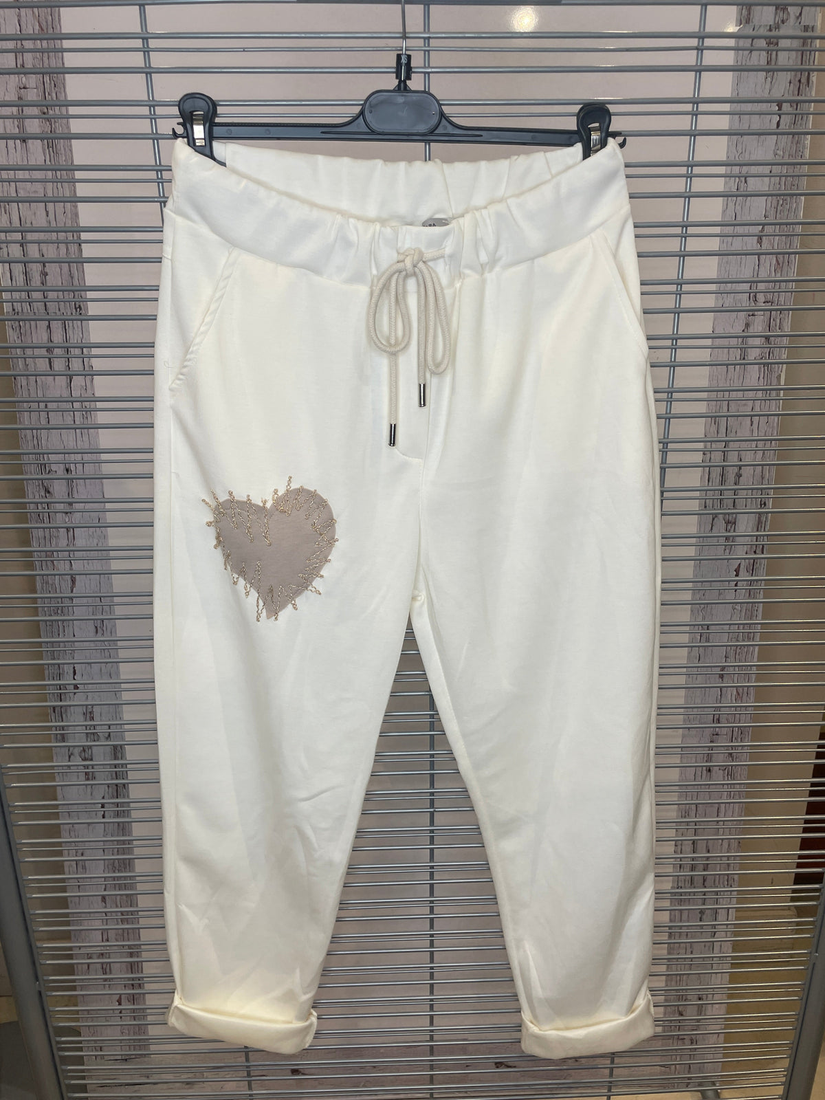 Heart Patch Jogger Pants with Drawstring – Cream