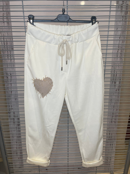 Heart Patch Jogger Pants with Drawstring – Cream