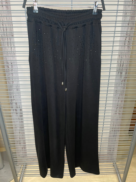 Rhinestone Detail Wide-Leg Drawstring Pants – Black