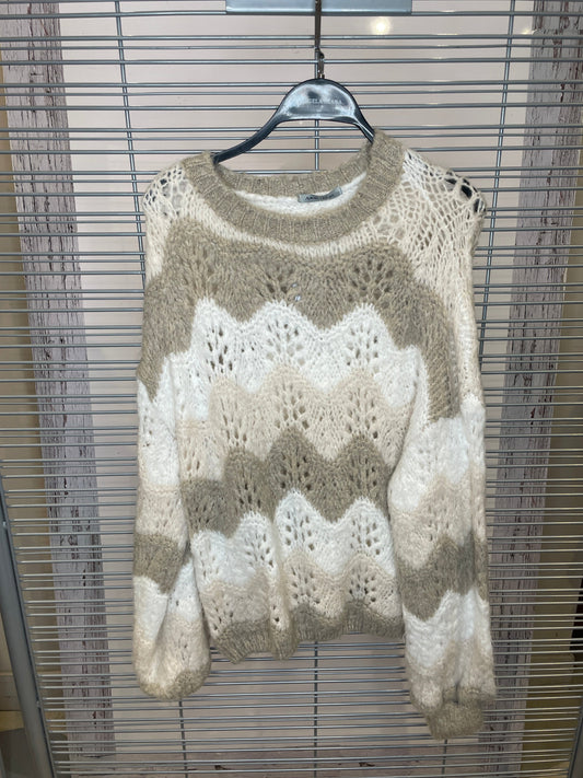Chunky Open-Knit Chevron Sweater – Cream & Taupe
