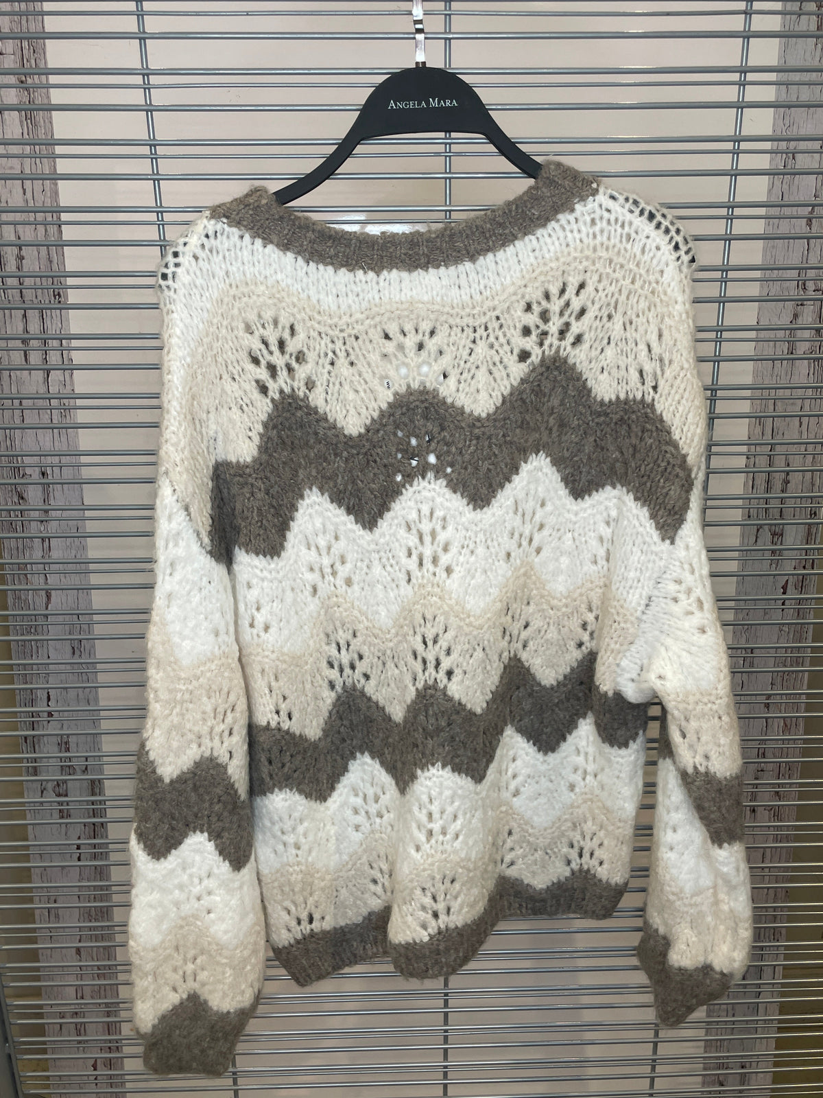 Chunky Open-Knit Chevron Sweater – Cream & Mocha