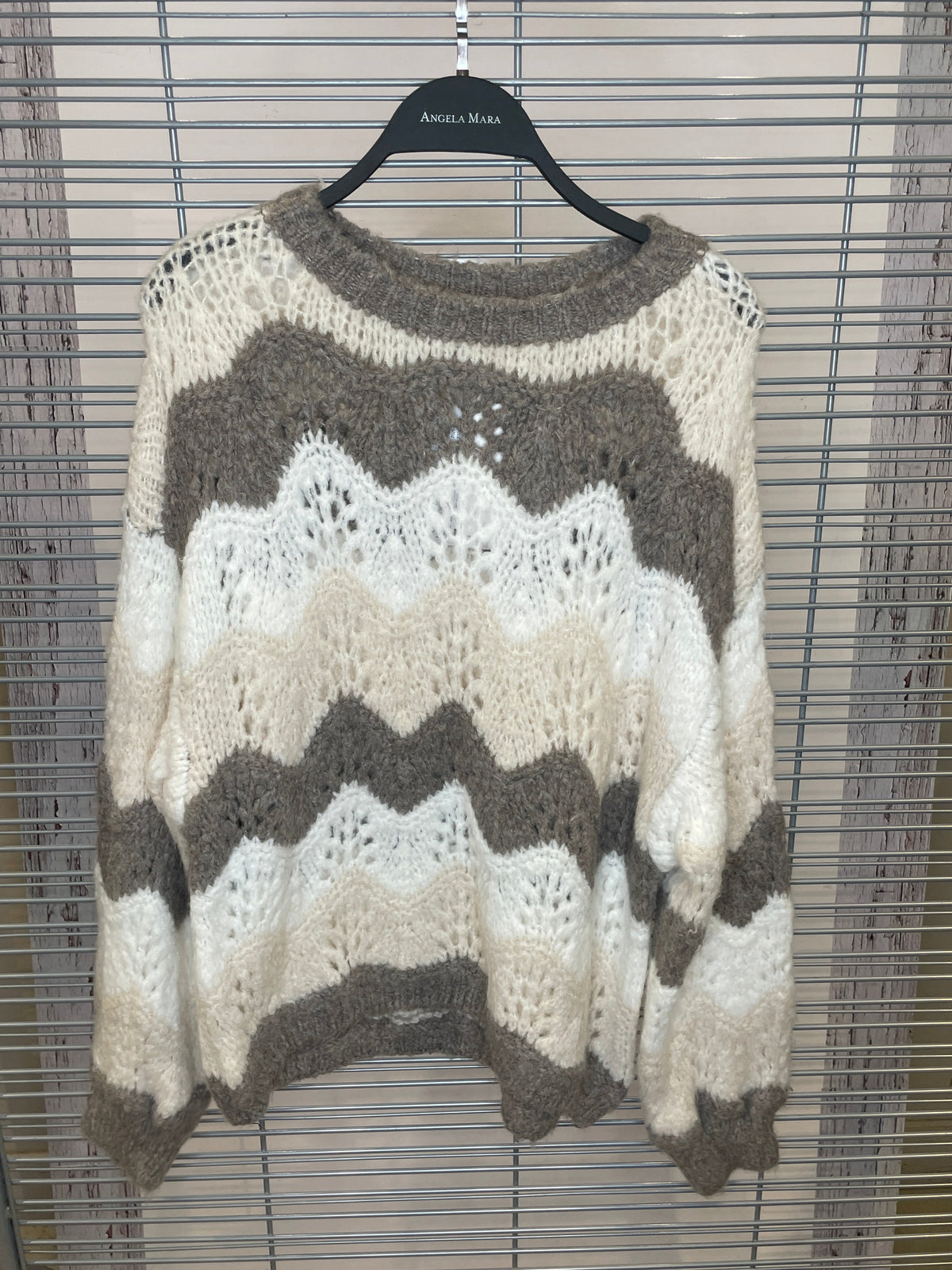 Chunky Open-Knit Chevron Sweater – Cream & Mocha