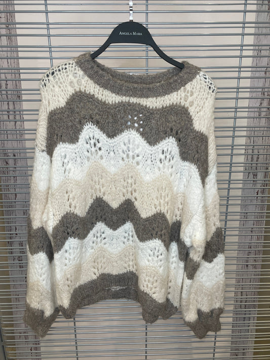 Chunky Open-Knit Chevron Sweater – Cream & Mocha