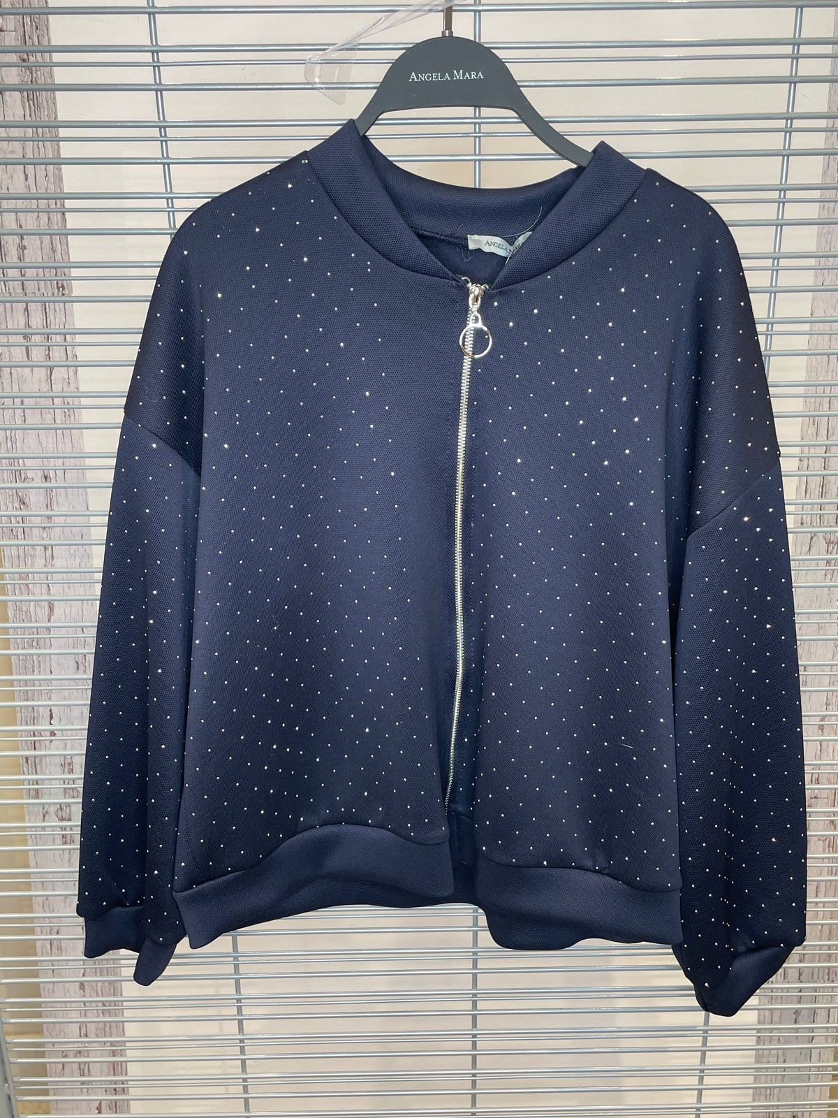 Studded Zip-Up Bomber Jacket with Ring Pull – Navy