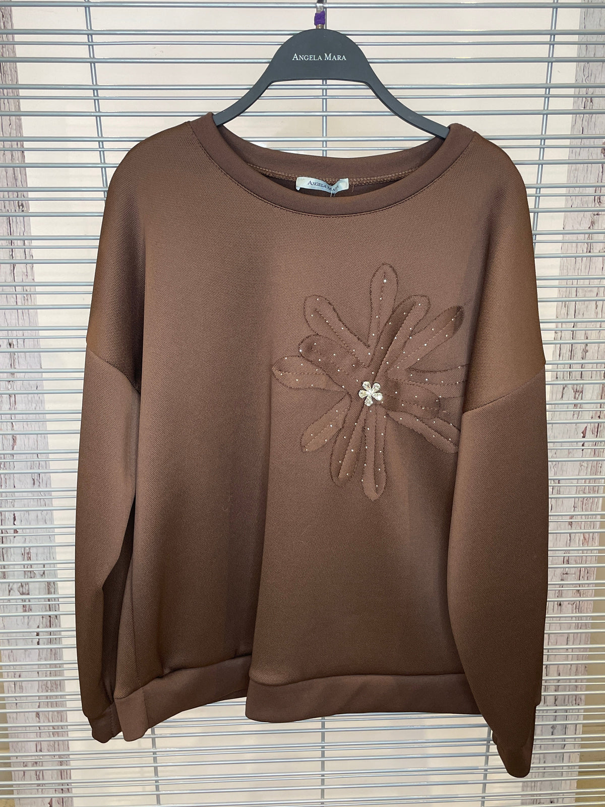Flower Appliqué Sweatshirt with Sparkle Details – Brown