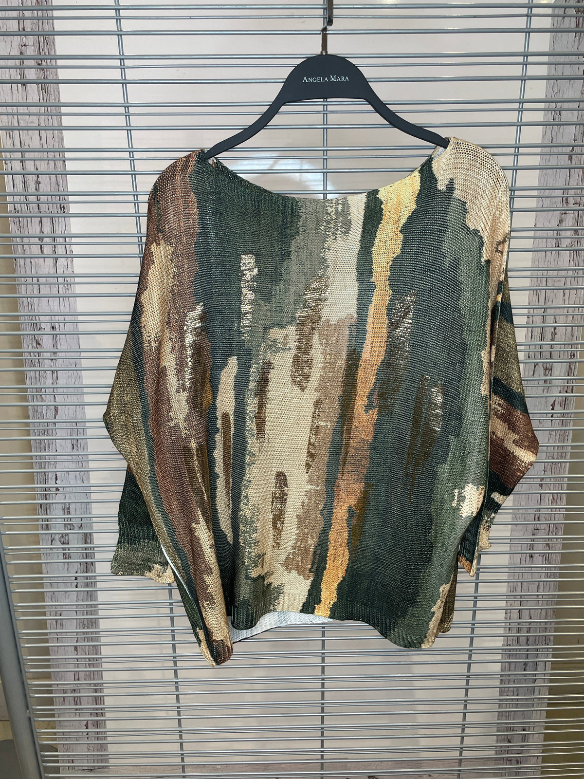 Brushstroke Print Metallic Knit Top – Olive, Brown & Gold