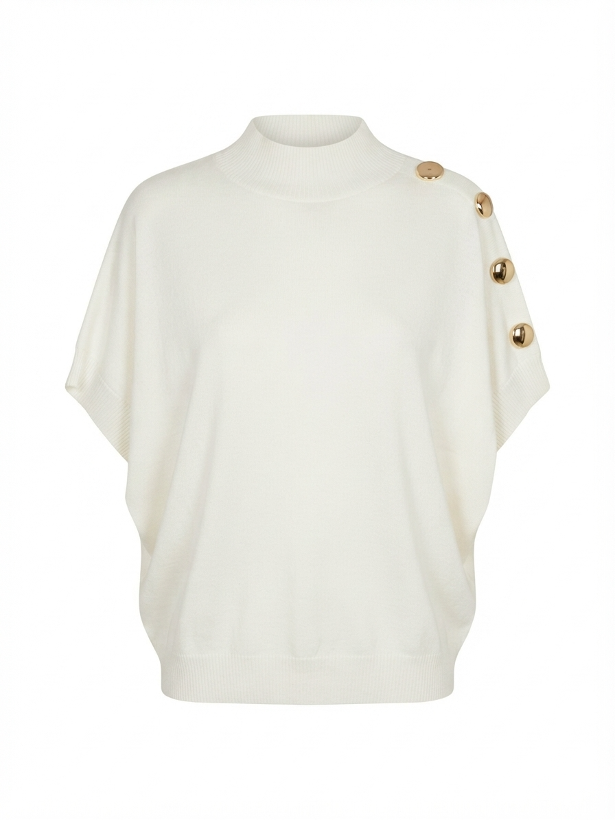 Mock Neck Short Sleeve Knit Top with Gold Buttons – Cream
