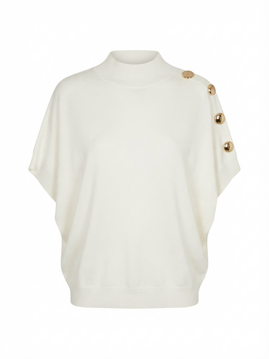 Mock Neck Short Sleeve Knit Top with Gold Buttons – Cream