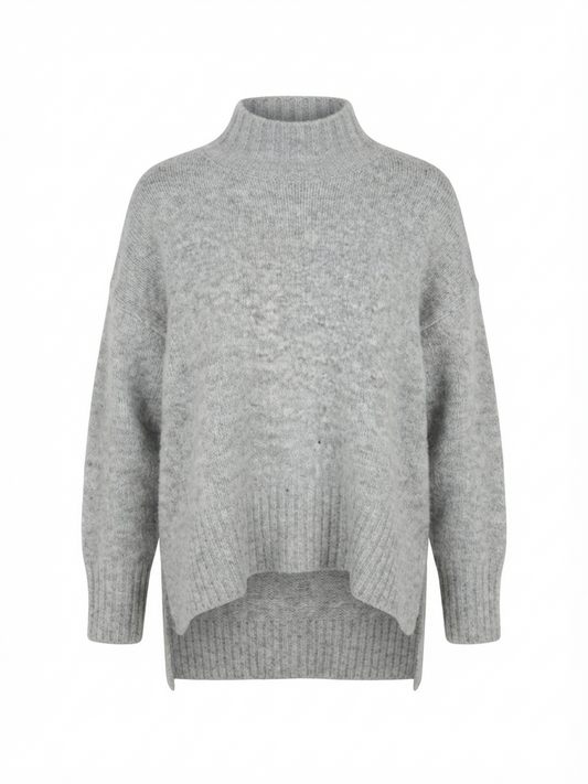 Oversized Mock Neck Sweater with Side Slits – Heather Grey