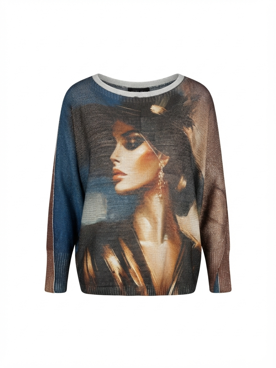 Portrait Print Metallic Knit Top – Blue, Brown & Gold