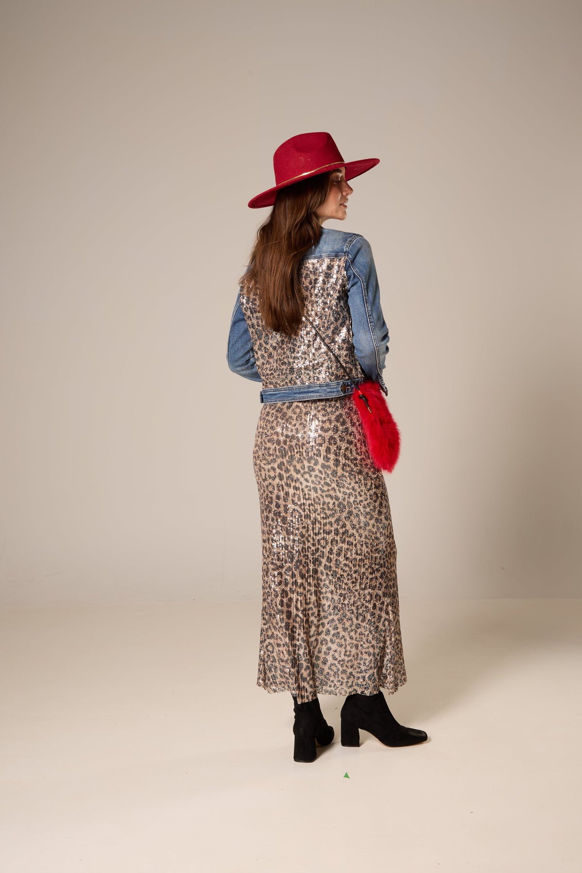 Medium Wash Denim Jacket with Leopard Sequin Panel