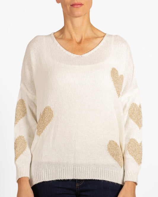 Snow V Neck Drop Shoulder Multi Gold Heart Sweater
