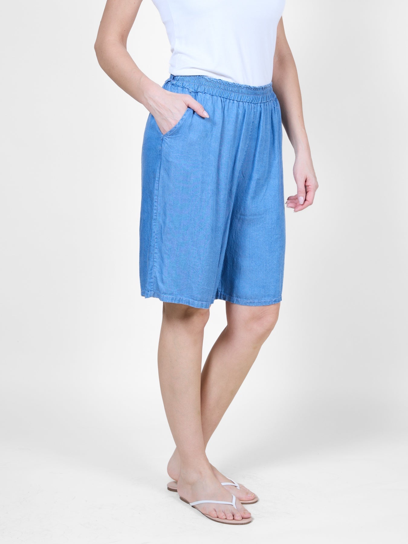 Dark Denim Pull-On Shorts with Pockets